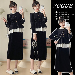 Real Shot in stock Pregnant Women dress suit New Black Slim Top Fashion Trendy Mom Skirt Two-Piece Set for Women