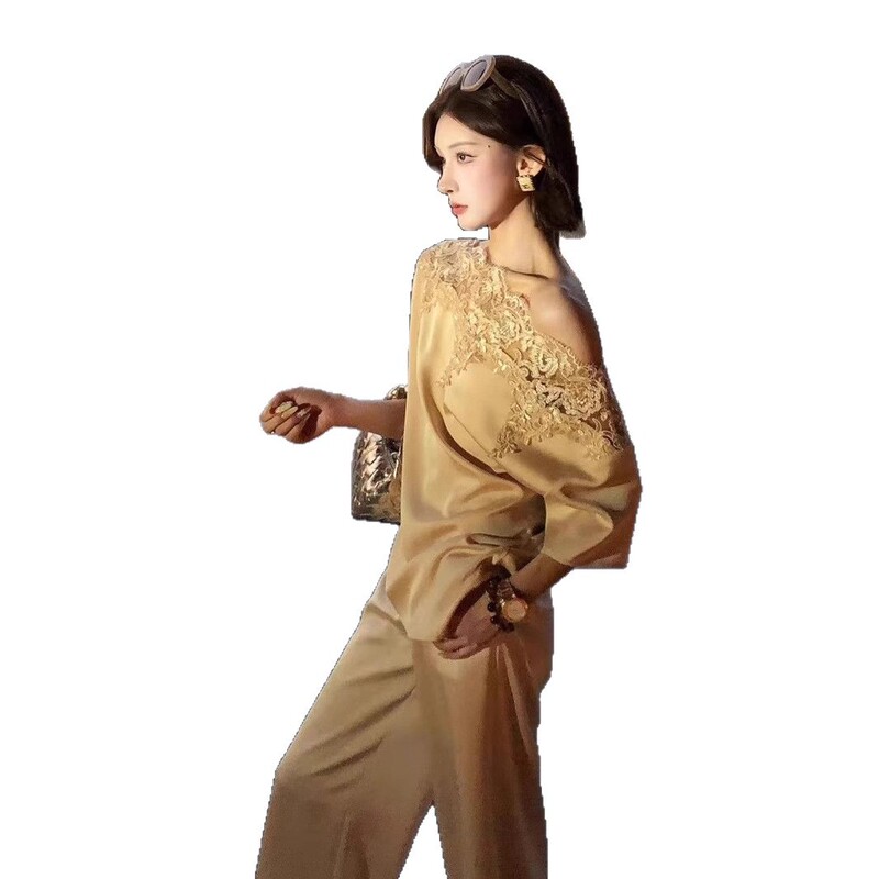 新中式时尚套装女夏设计感小众蕾丝千金名媛斜肩上衣阔腿裤两件套|undefined