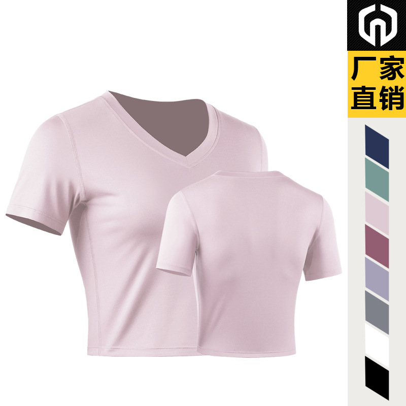 Ropa de entrenamiento de yoga traje deportivo Camiseta ajustada de manga corta para mujer Top casual con cuello en V Camiseta de manga corta ombligo expuesto
