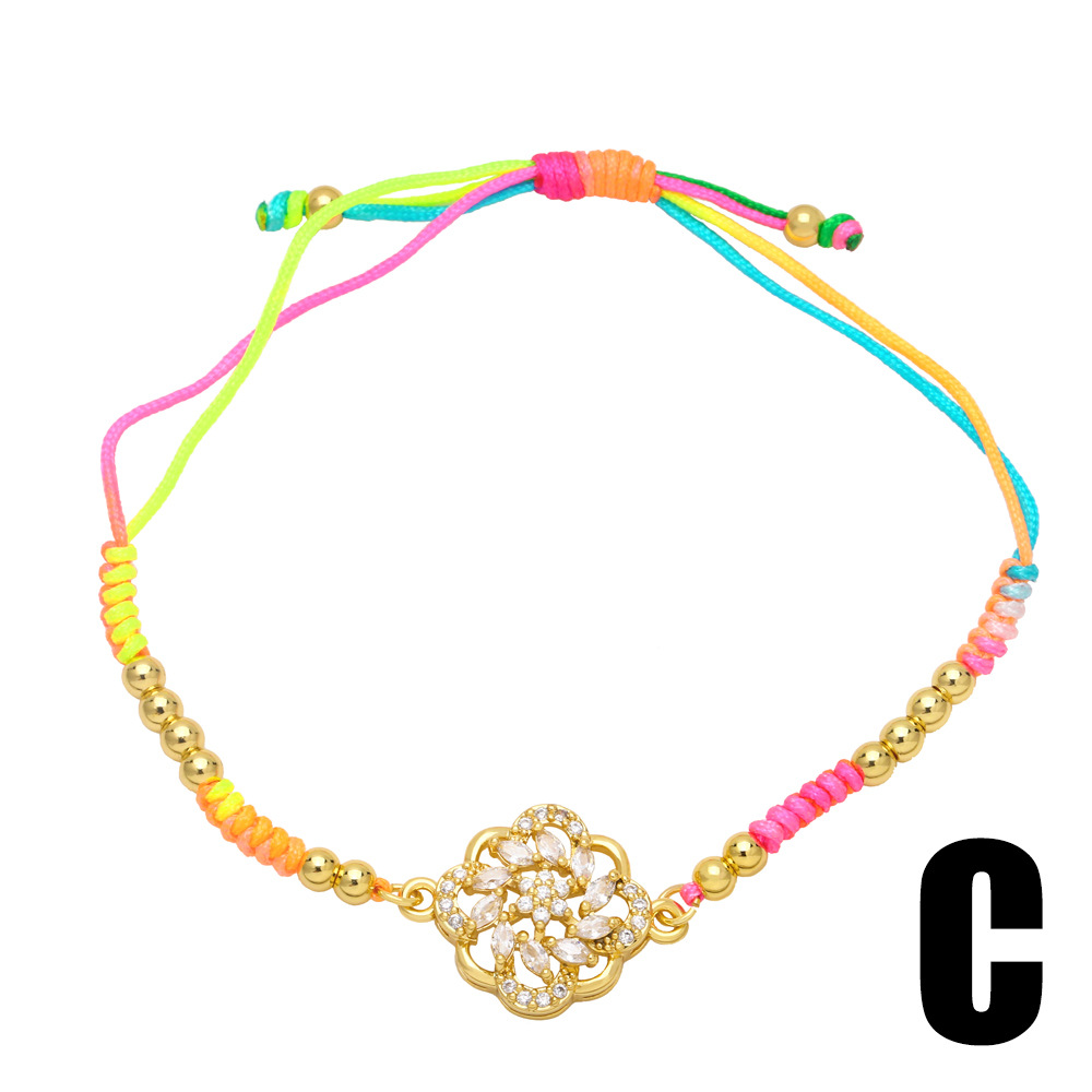Fashion Colorful Braided Rope Flower Bohemian Ethnic Style Hand Weaving Zircon Copper Bracelet