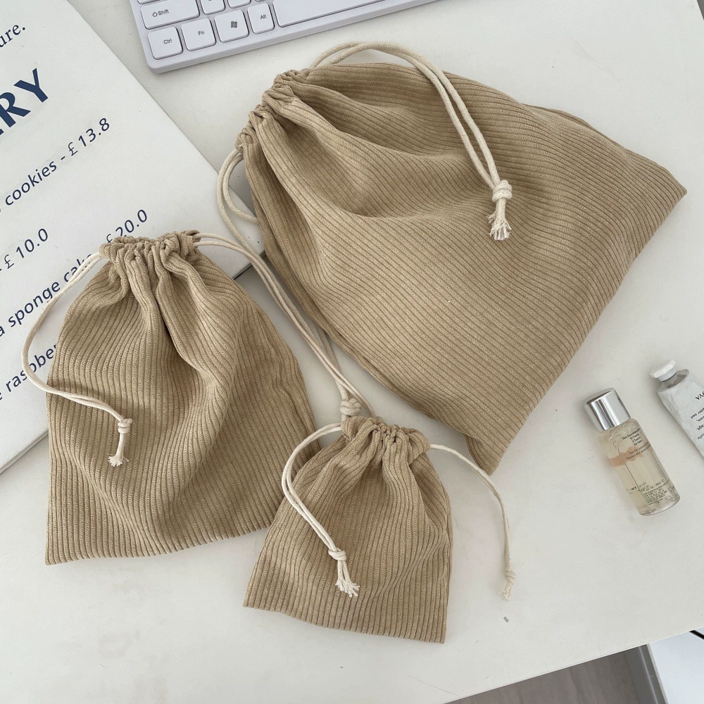 Corduroy Cosmetic Drawstring Bag Set, Handheld 3-Piece Kit — Small/Medium/Large