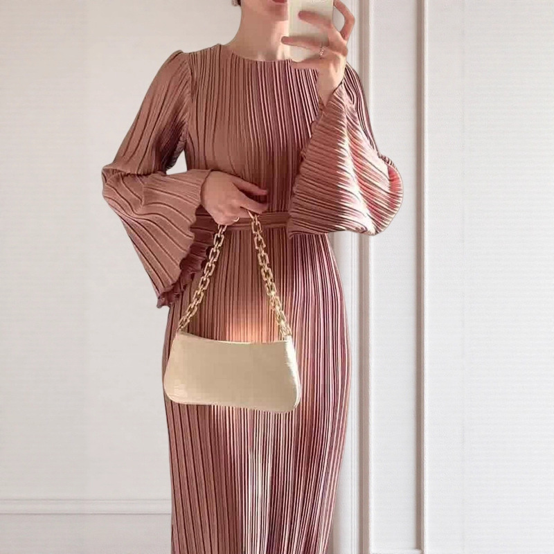European and American Style Women's Clothing 2025 Spring & Fall New Fashion Long Skirt Women's Casual Pure Color Round Neck Bell Sleeve Pleated Dress