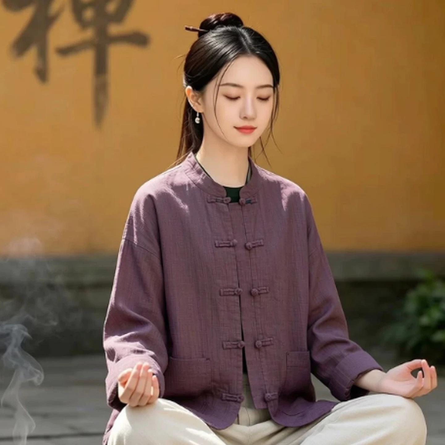 禅紫色 棉麻开衫（均码）