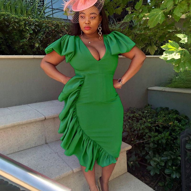 D125C 2021 New wish deep v-neck ruffled hip mid-length cross-border large size women's dress