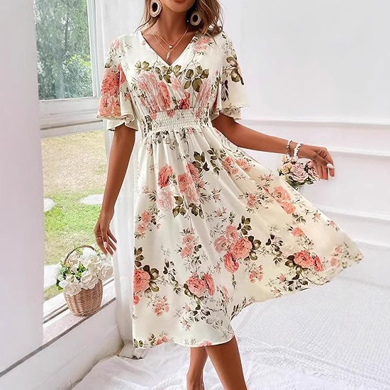2026 New Cross-Border Foreign Trade Plus Size Floral Dress, Plant and Flower Pattern, Slim-Fit Vacation Long Dress for Women, Wholesale