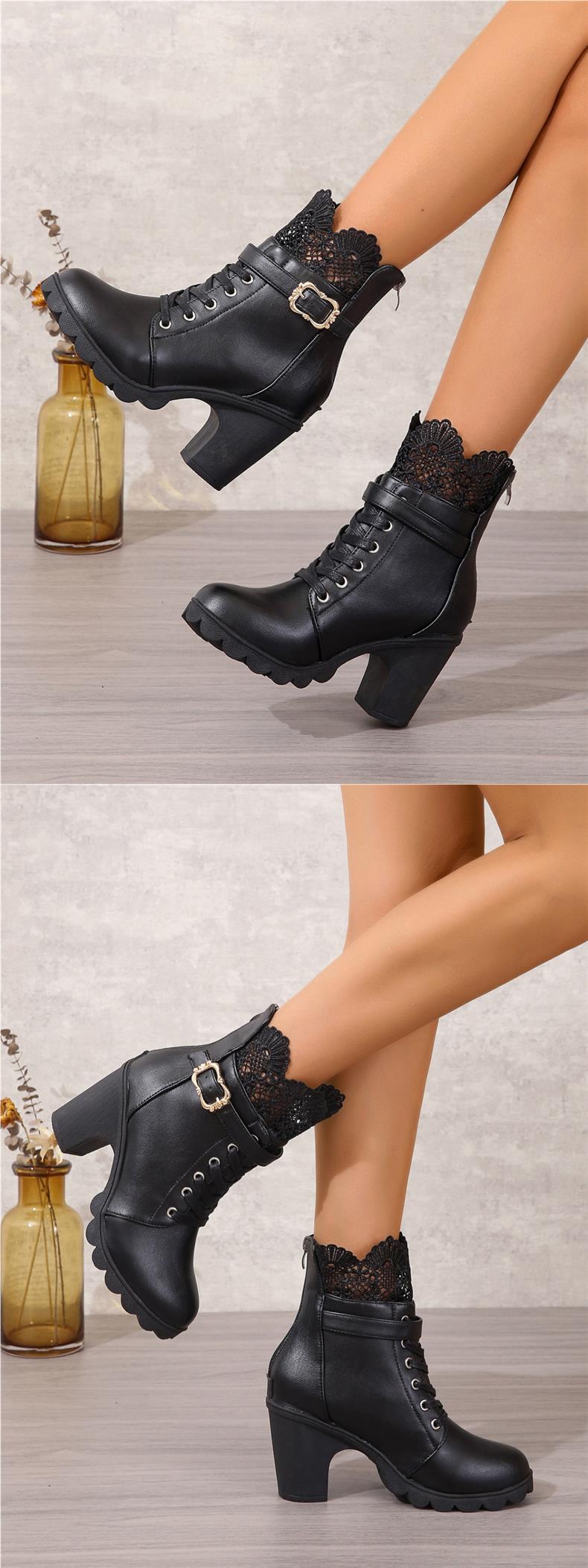 Short with belt buckles, high heels, round toe, lace straps, back zipper, thick soled women's boots_voghion.com