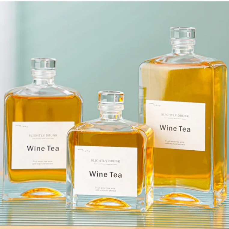 方形玻璃瓶酒瓶果酒饮料透明空瓶子洋酒木塞玻璃铝盖多种规格