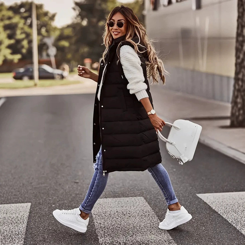 European and American Style Hooded Mid-Length down Cotton Vest for Women, Winter Warm Sleeveless Jacket, Loose and Versatile, Fashionable Trendy Style