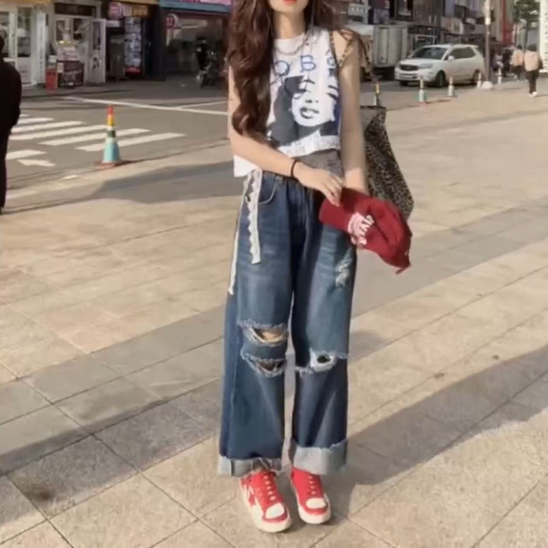 25281 Big Aimei Yiyuan 2025 Summer New Sleeveless Loose Printed T-shirt Stylike Ripped Jeans Women's Trendy