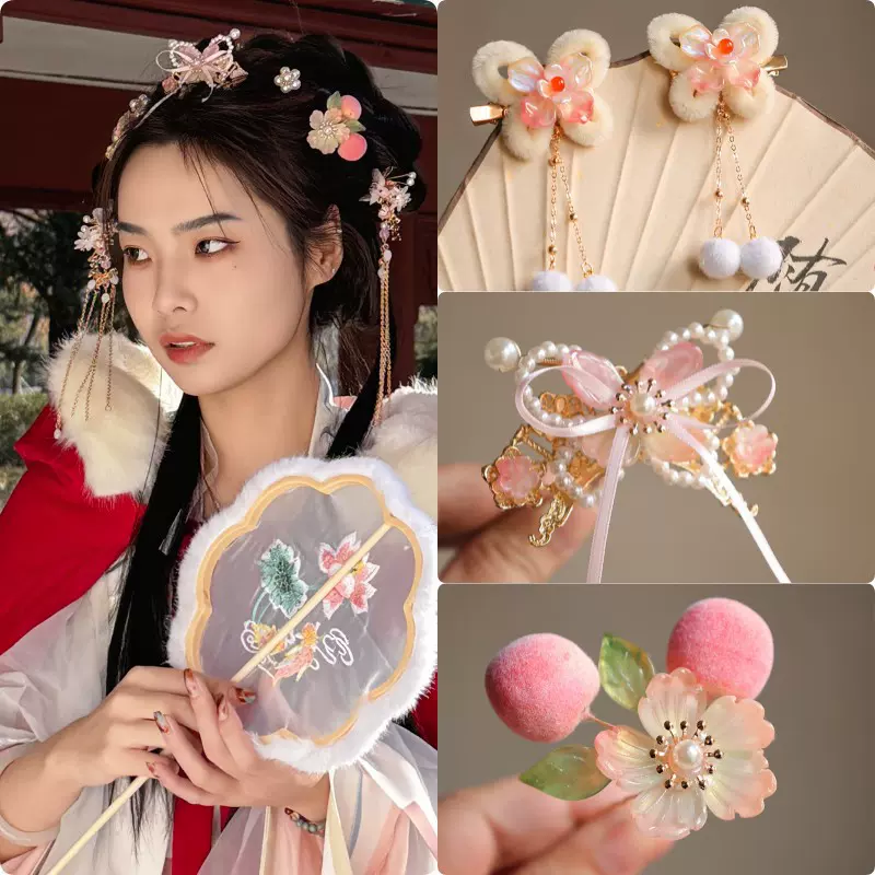 新古风儿童甜美发夹古装汉服日常拜年迎新年秋冬毛绒发饰发冠发钗