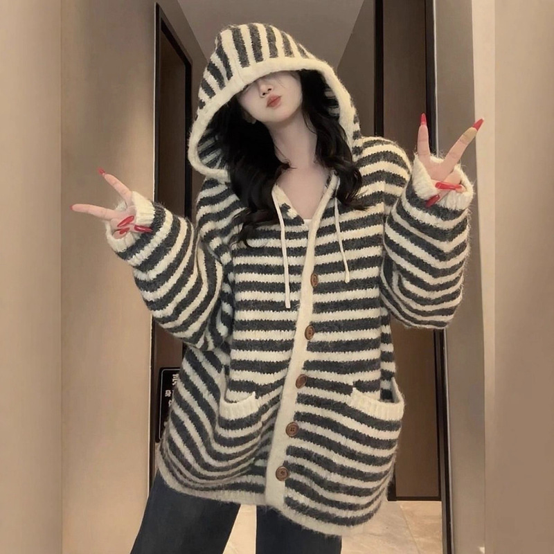 Contrast Color Stripesd Hooded Knitted Cardigan for Women 2025 Autumn and Winter Loose Lazy Style Flesh-Covering Sweater Jacket Large Size Top
