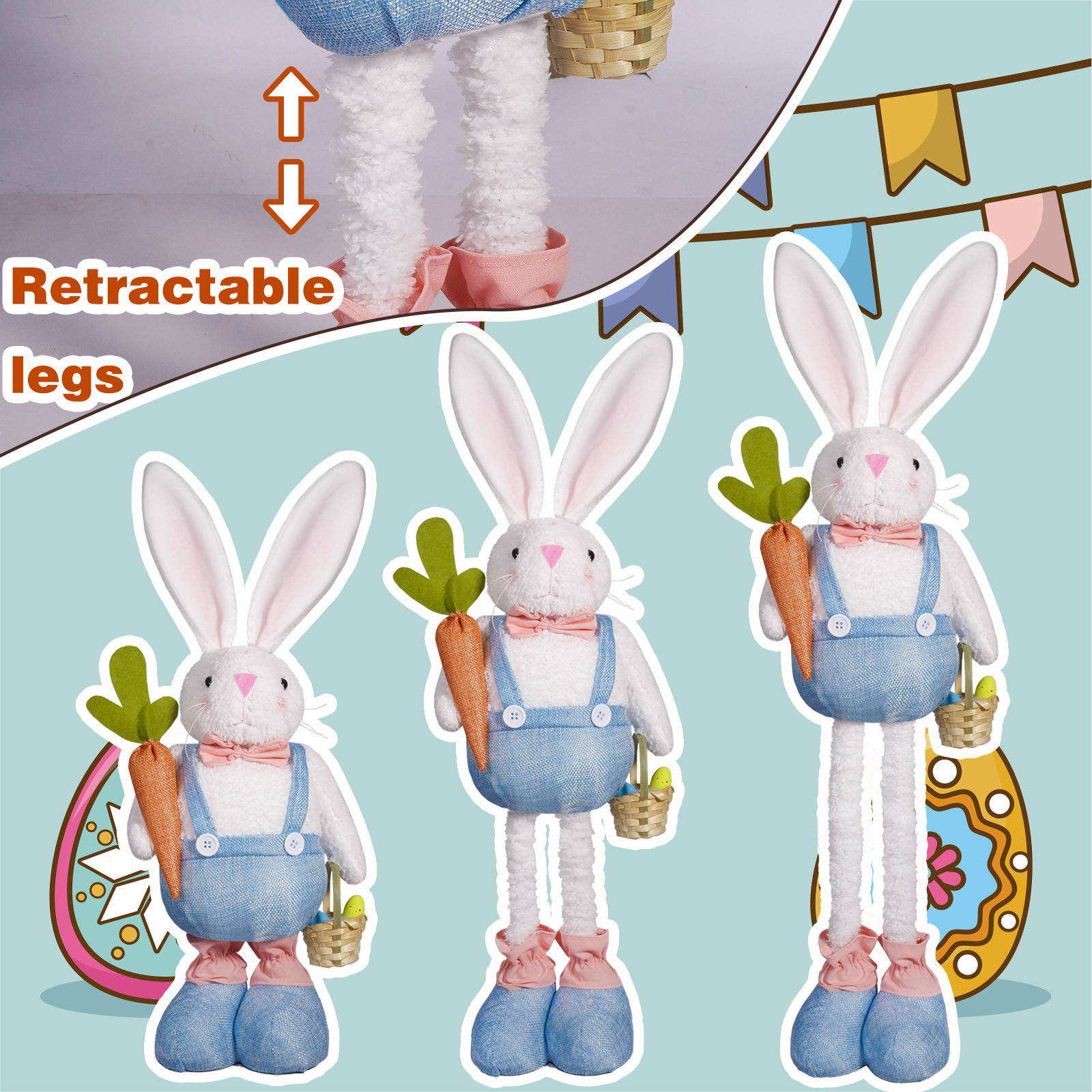 Nuevos productos transfronterizos de conejo de Pascua piernas retráctiles muñecas cestas de rábanos lindas muñecas de peluche decoración