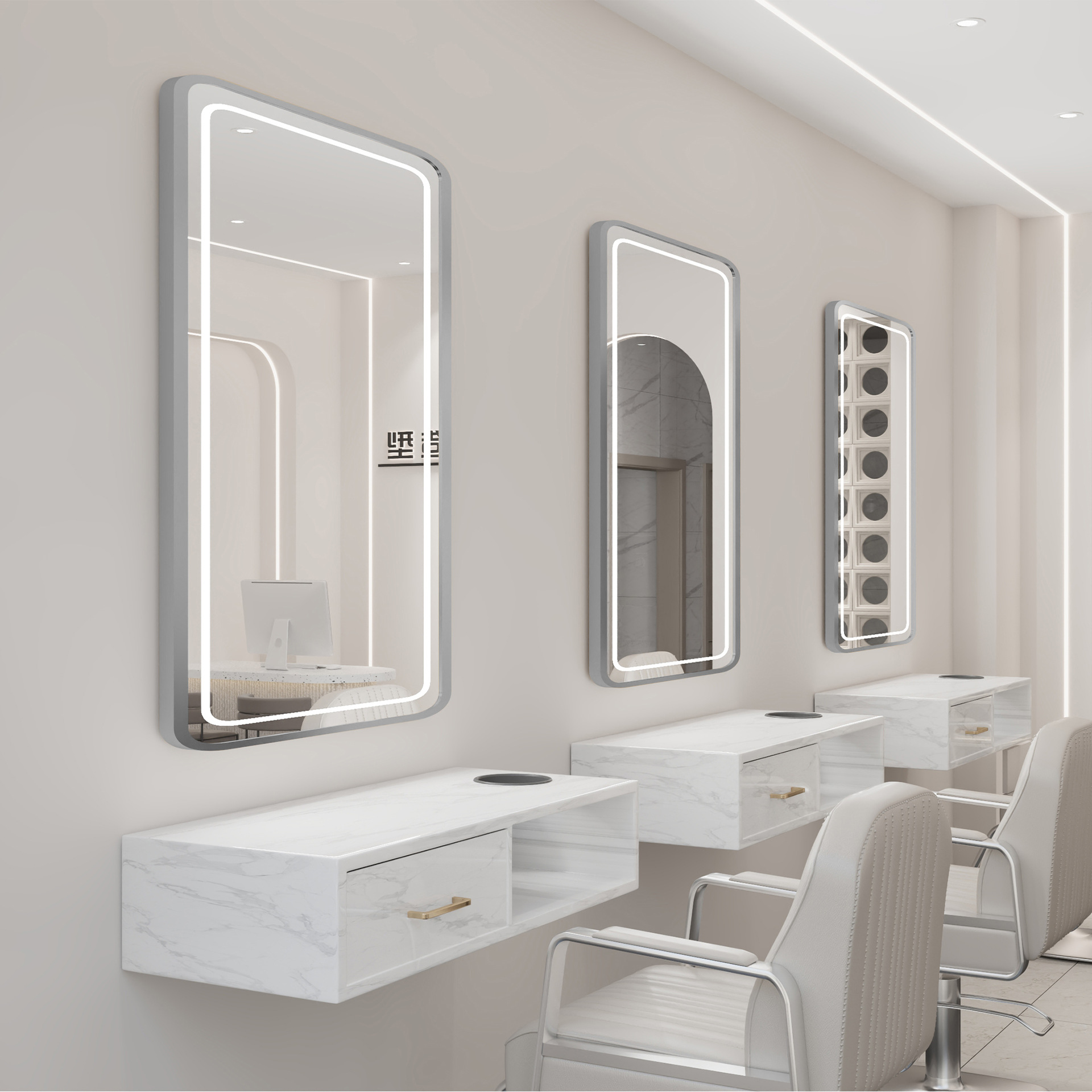 Nueva peluquería belleza con espejo de lámpara, peluquería integrada, área especial de teñido en caliente, tienda de moda de celebridades de Internet, gabinete de espejo de pared al por mayor