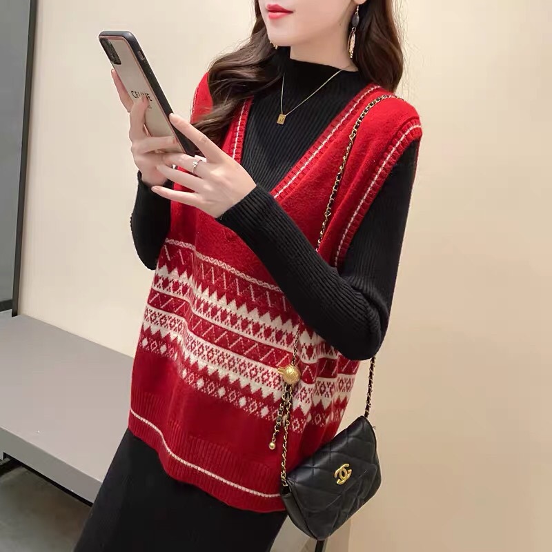 Estilo coreano color a juego Chaleco de punto jacquard chaleco Otoño e Invierno estilo occidental con cuello en V sin mangas interior y exterior desgaste chaleco suéter para las mujeres