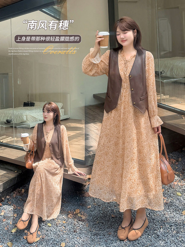 茶歇法式碎花裙两件套2025秋新款大码女装咖色马甲套装313032T21|undefined