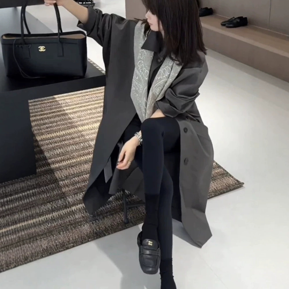 2653】European-style plus-size gray long trench coat for women, autumn new single-breasted shawl-style coat with a slit