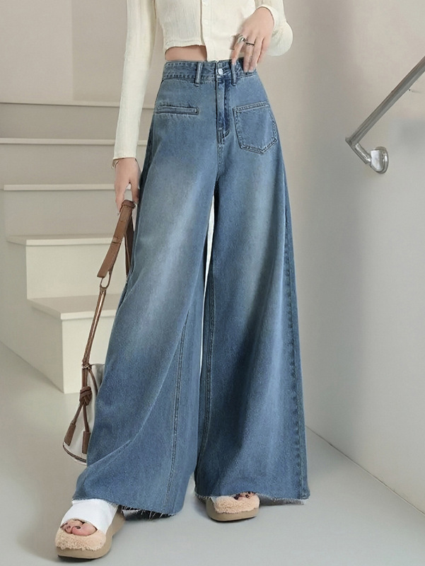女性用ハイウエストブルーワイドレッグパンツ、ハイウエストルーズデニムパンツ、人気のストレートレッグ、大きな裾のデザインでスリムに見えます。|undefined