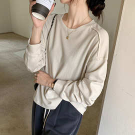 棉质春季新款圆领长袖T恤女2026宽松百搭显瘦慵懒风纯色打底上衣