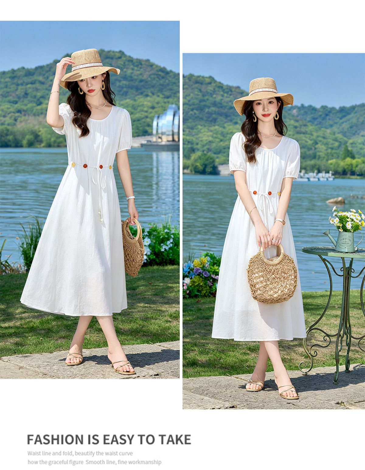 Đầm suông midi cổ V eo thắt dây dáng chữ A tay ngắn — Xanh lông mòng đen, màu trắng, màu vàng chi tiết 25