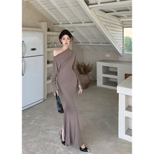 实拍现货一字肩长裙气质收腰连衣裙