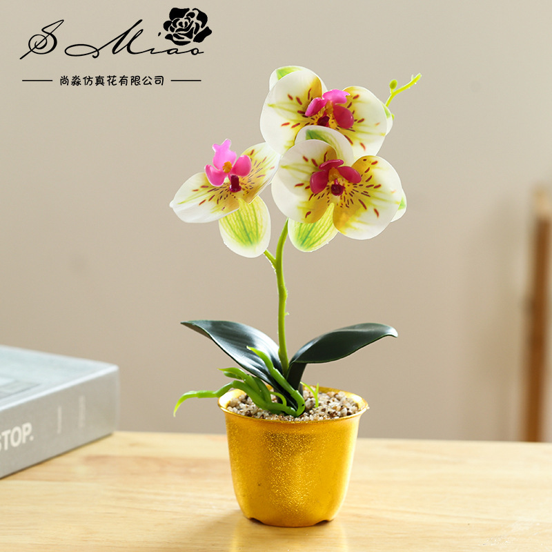 Orquídea de mariposa de tres cabezas de flores falsas bonsai estilo nórdico decoración interior flores artificiales imitación de maceta image 12