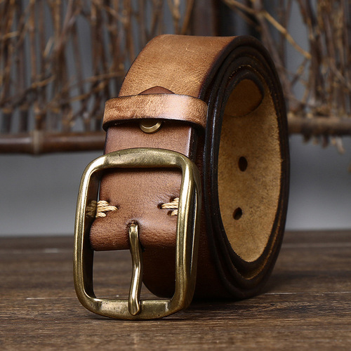 3.8CM American retro aged pleated belt men's genuine leather pin buckle first layer cowhide Korean style casual denim belt