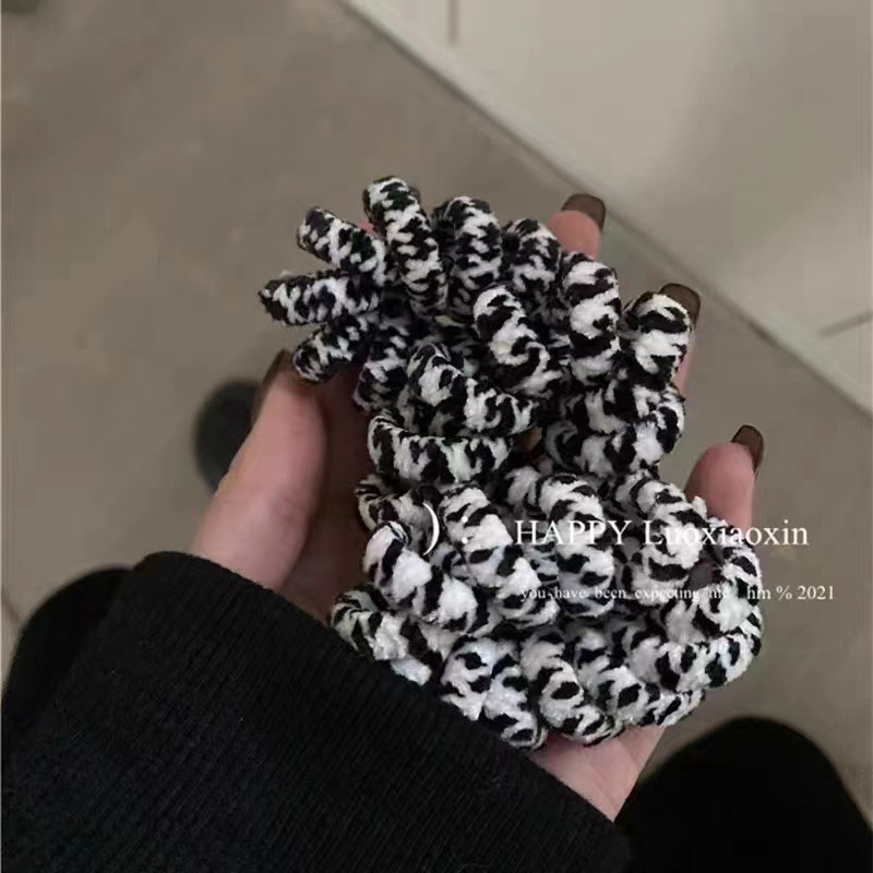 Anello per capelli con linea telefonica grande e spessa, corda per capelli con stampa leopardata, corda per capelli con punta ondulata in bianco e nero, tendine in gomma, accessori per capelli senza tracce_voghion.com