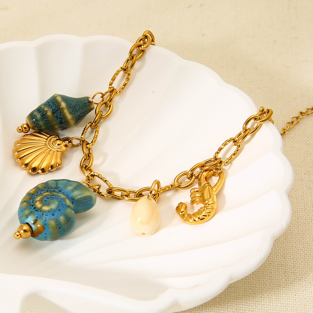 304 Stainless Steel Chain Material figaro chain Chain Type Beach Sweet Starfish Conch Shell 304 Stainless Steel Ceramics Figaro Chain Multi Charms Bracelet In Bulk