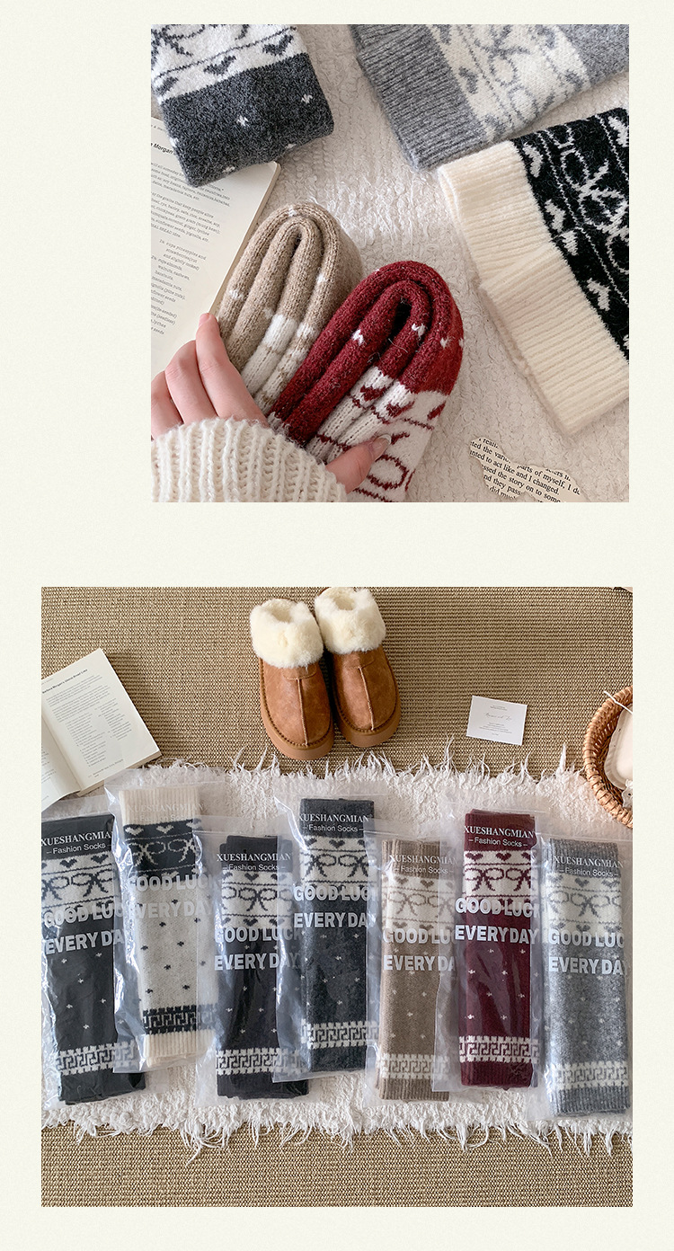 Beinstulpen Bootshang Baumwollsocken für Damen Herbst und Winter Wolle Warm Dick Schleife Retro Maillard Heavy Industry Fair Isle Strümpfe_voghion.com