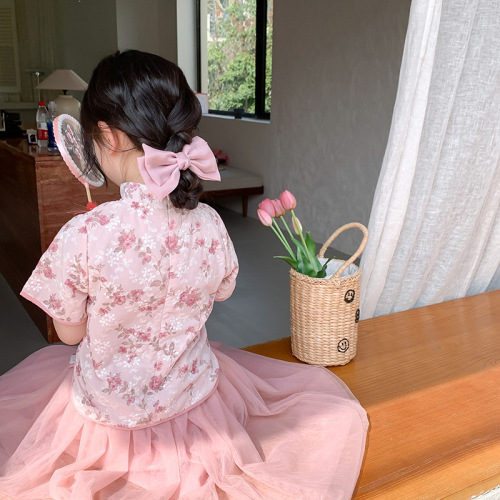 Elmo Beibei girls retro princess skirt  summer children's Chinese ancient style cheongsam gauze skirt two-piece suit