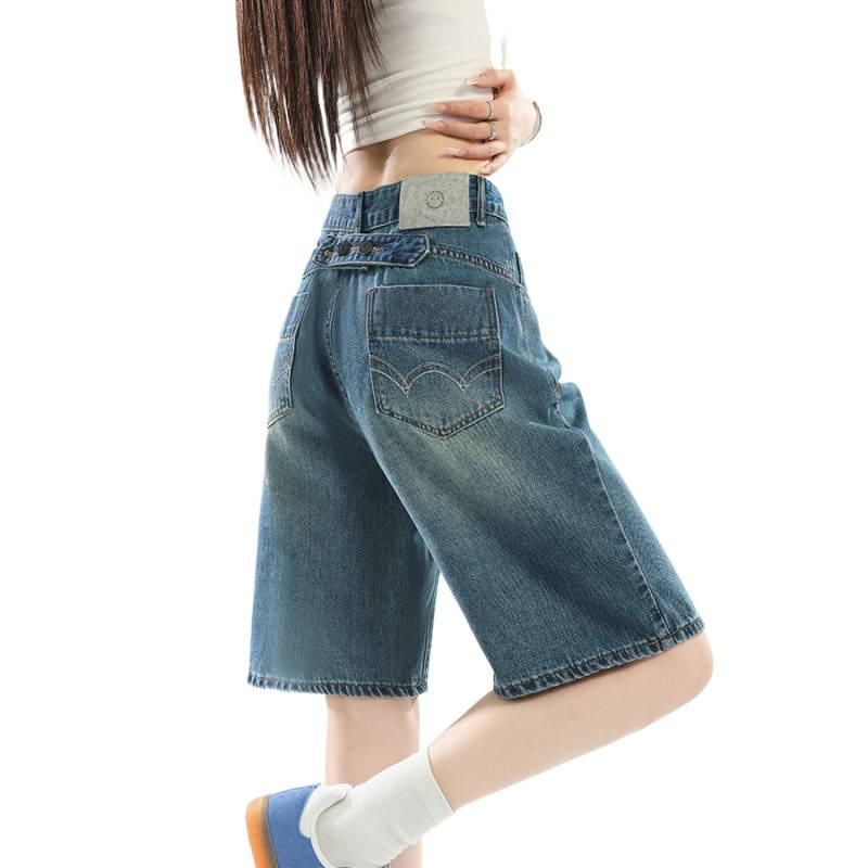 Pantalones jeans de cintura alta y piernas anchas de cinco puntos para mujeres verano de 2026 delgado recto delgado tamaño grande gordo mm pantalones de cintura elástica