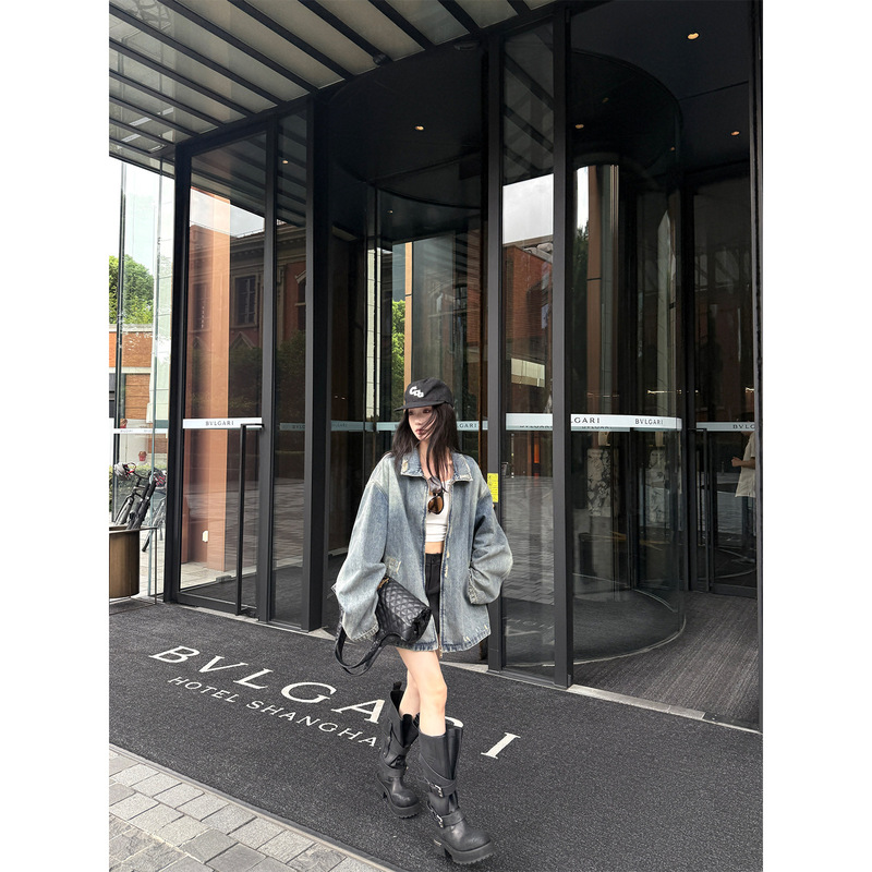 欧阳 做旧磨破牛仔外套女秋季新款休闲宽松美式复古夹克上衣|undefined