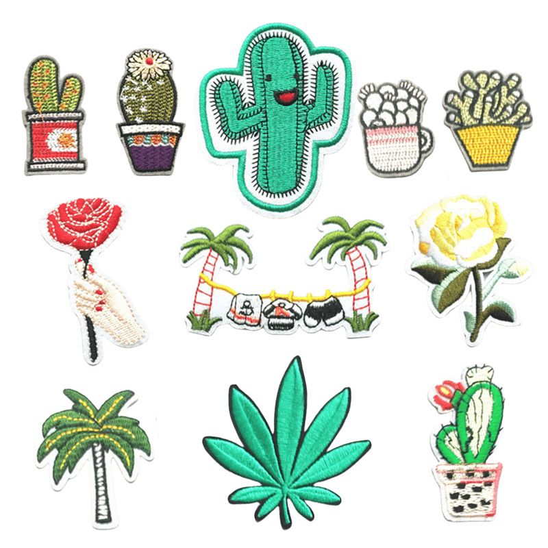 跨境新款电脑刺绣花章子补丁贴布贴标仙人掌装饰修补洞贴