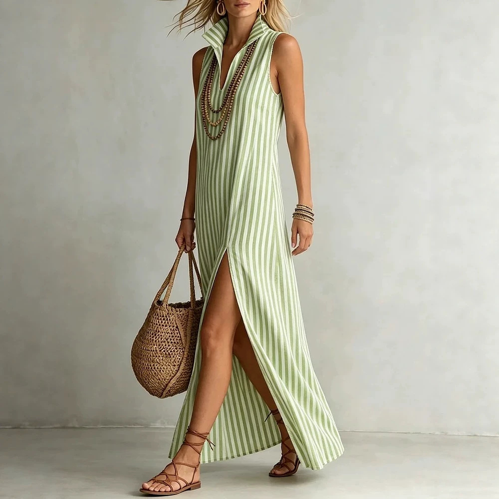 Women's Clothing Striped Stand Up Collar Sleeveless Slit Maxi Dress Women's For Formal & Casual For Women Printed V Neck_ecoleips.com