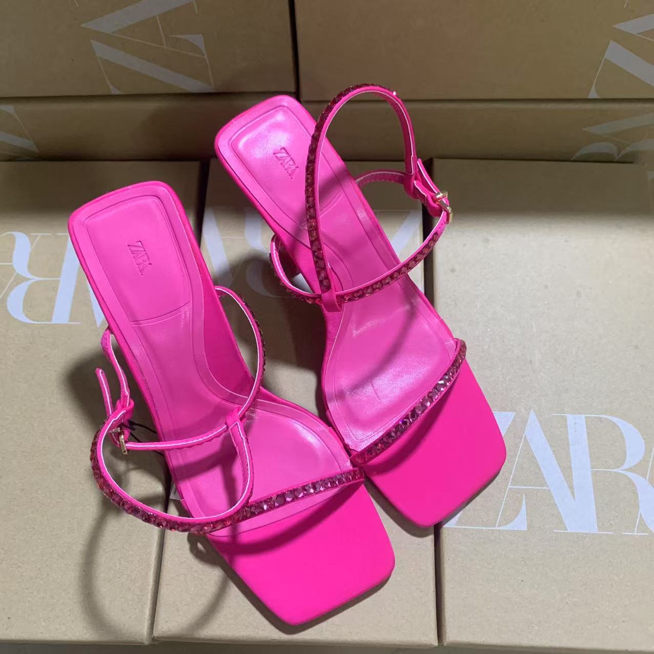 ZA2024新品时尚法式高跟鞋方头一字带水钻饰露趾后绑带凉鞋女