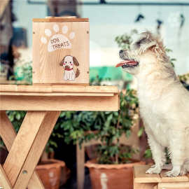 木狗饼干带盖收纳盒 仿古木制宠物食品储藏盒