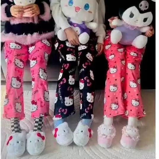 Брюки Hello Kitty коралловый бархат, тёплые, размеры S–XXL, милый флисовый домашний