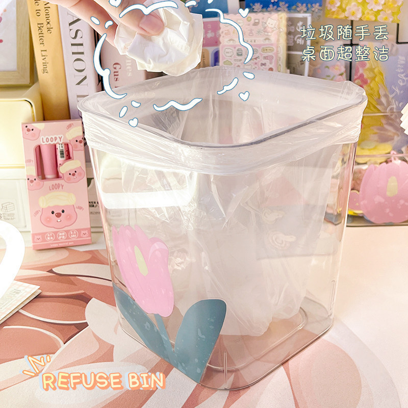 Cute small desktop trash can for home use, small acrylic transparent square office trash bin with press ring for waste storage