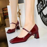 6292 style elegant women's shoes with rhinestone flat toe and square toe heel, patent leather shiny surface, shallow mouth, thick heel, medium sole, single order shoes