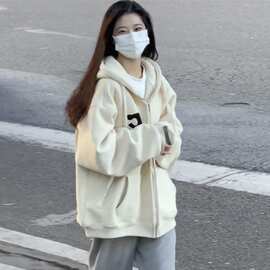 奶系连帽卫衣女2022年新款春秋季设计感小众慵懒风拉链开衫外套潮