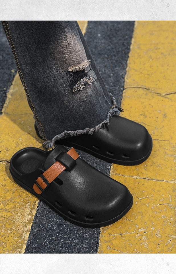 Dép sandal nam nửa gót đế dày chống trượt kiểu lười đi biển — kaki, xám, đen chi tiết 13