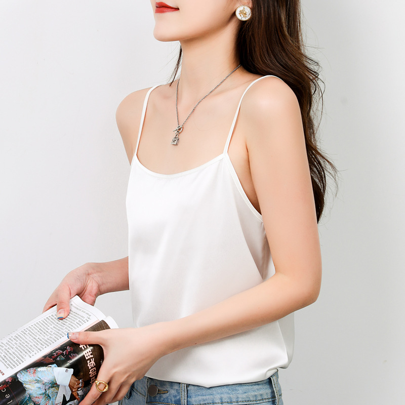 New French Style One-line Collar Camisole Women's Silk Satin Base Shirt Sleeveless Suit Loose Slimming Summer