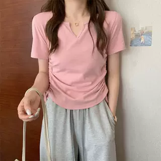设计感V领抽绳修身纯欲风短袖T恤女装2026夏季新款纯色学生上衣潮