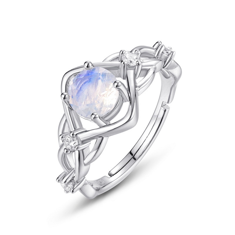 Nuevo anillo de tesoro de color azul luz de luna azul colorido europeo y americano, anillo de apertura de plata S925, vacaciones para enviar novia personalidad de moda
