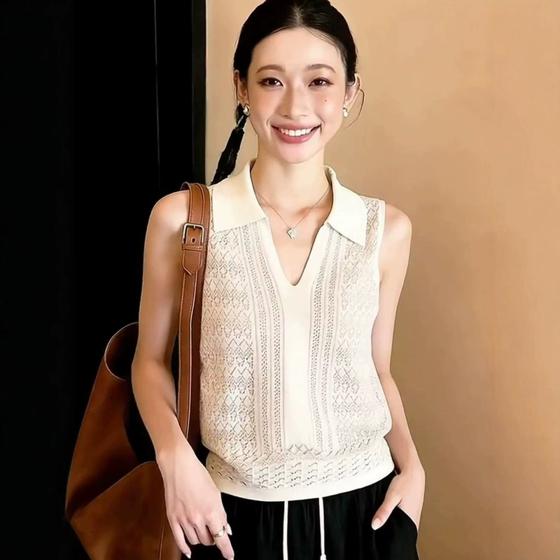 Summer New Style Tencel Women's V-Neck Sleeveless Vest with Solid Color Hollow-Out Design, Outerwear Knit Cardigan
