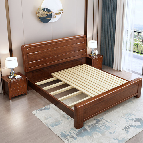 Modern Chinese style golden walnut bed 1.5 simple style bedroom furniture solid wood bed 1.8 meters master bedroom wedding bed
