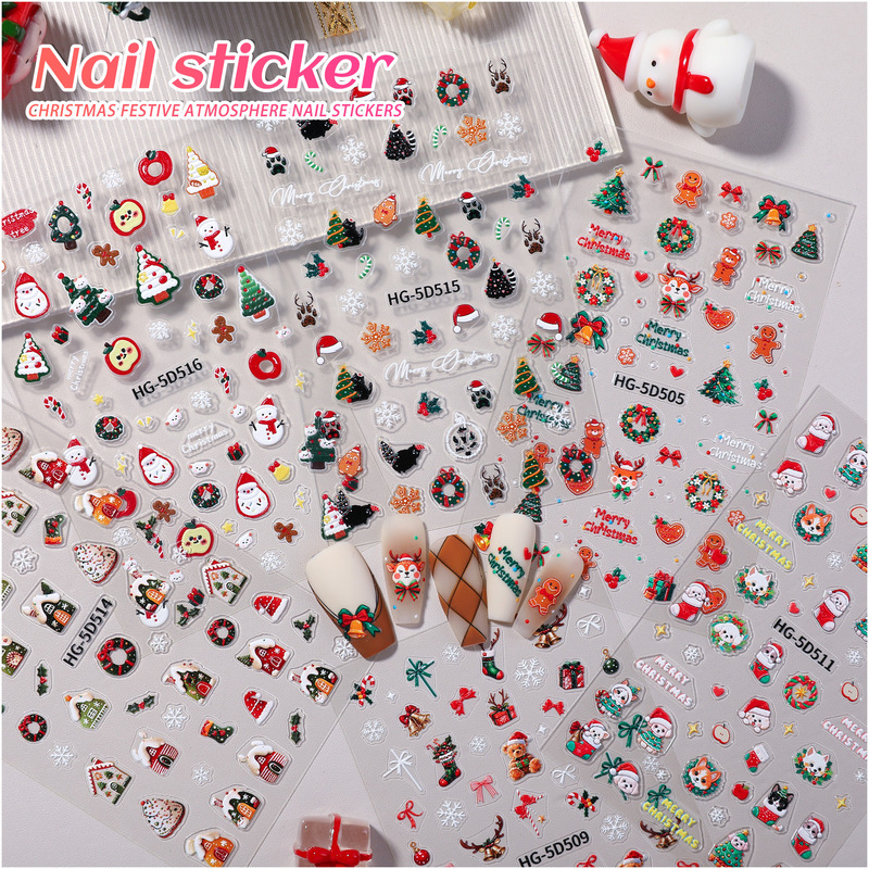 Cartoon Elk Christmas Tree Snowman Nail Decoration Decal 5D Relief Christmas Hello Kitty Nail Art Sticker