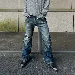 American High Street Retro Vintage Pleated Scimitar Jeans Men's Straight Slim Casual Pile Pants