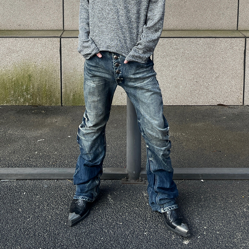 American High Street Retro Vintage Pleated Scimitar Jeans Men's Straight Slim Casual Pile Pants