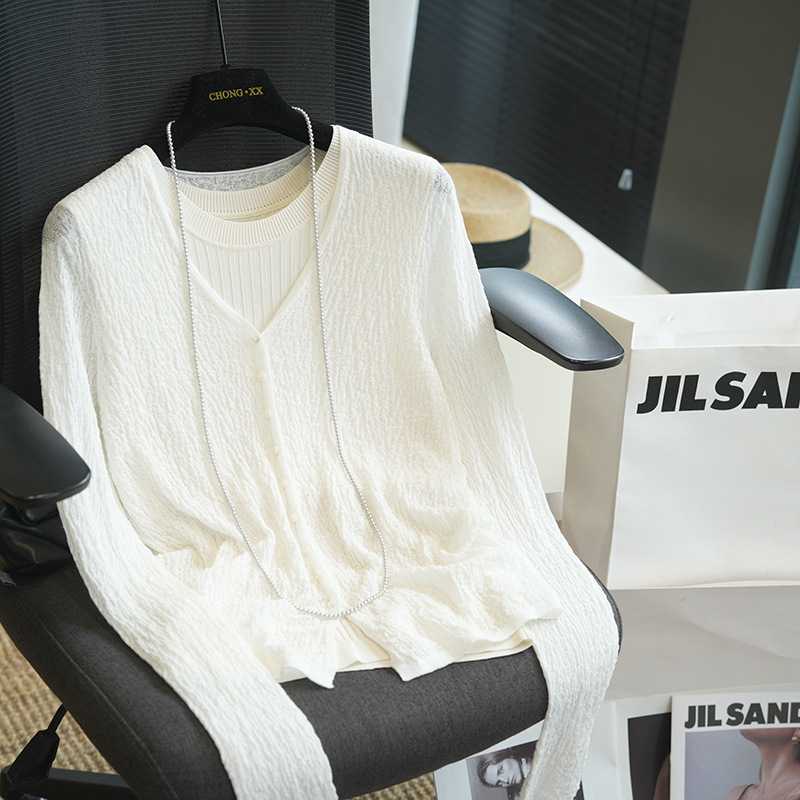 Textured Linen-Cotton Slimming Sun-Protective Knit Cardigan Women's Top, New Loose and Casual Early Spring Exquisite Top for Spring and Summer